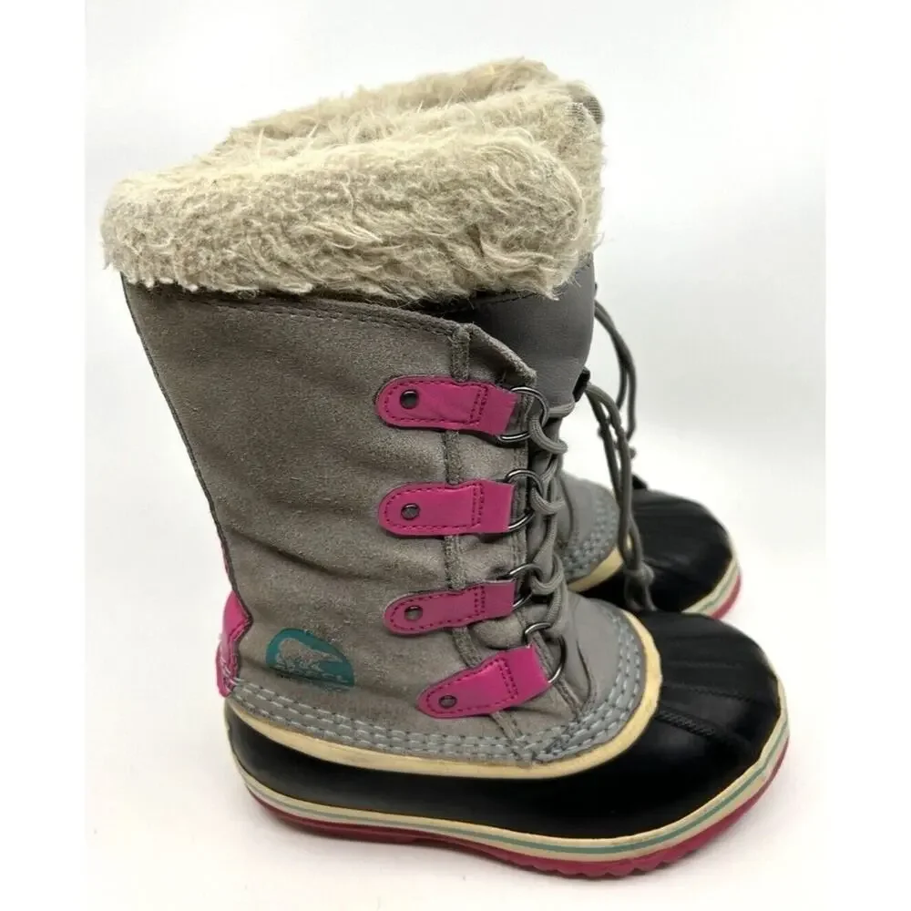 Sorel Girls Joan Of Arctic Snow Boots Size 2 Suede Gray Faux Fur